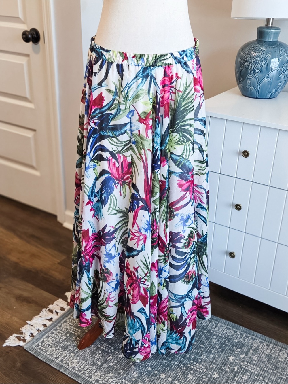 Floral Maxi Skirt - White with Pink & Green Botanical Print